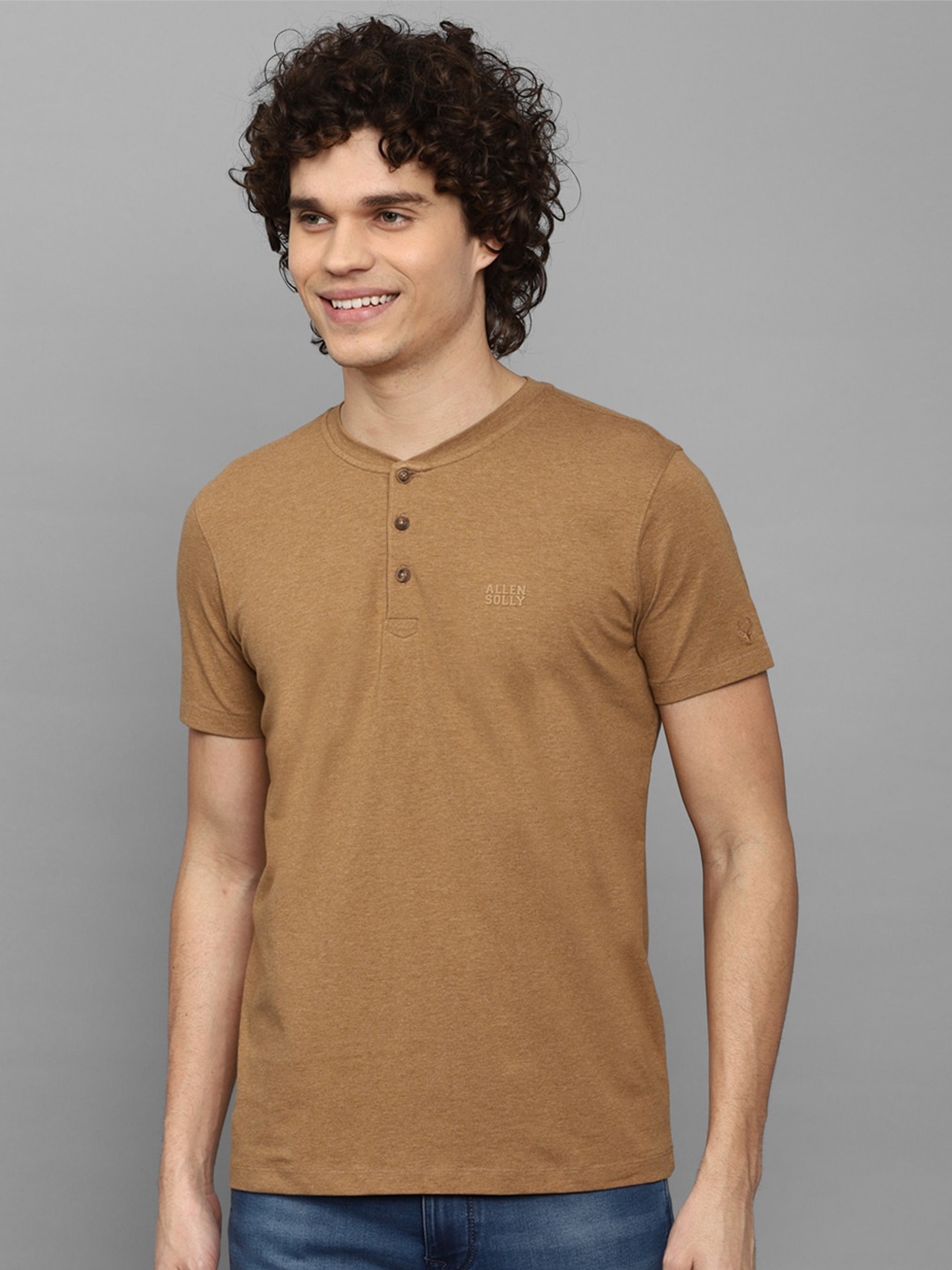 

Allen Solly Sport Short Sleeve Henley Neck Casual T-shirt, Camel brown