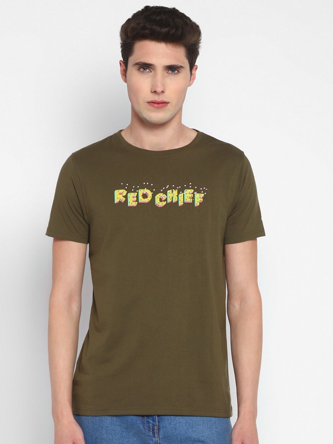 Red Chief Men Typography Printed Cotton T-shirt, Olive