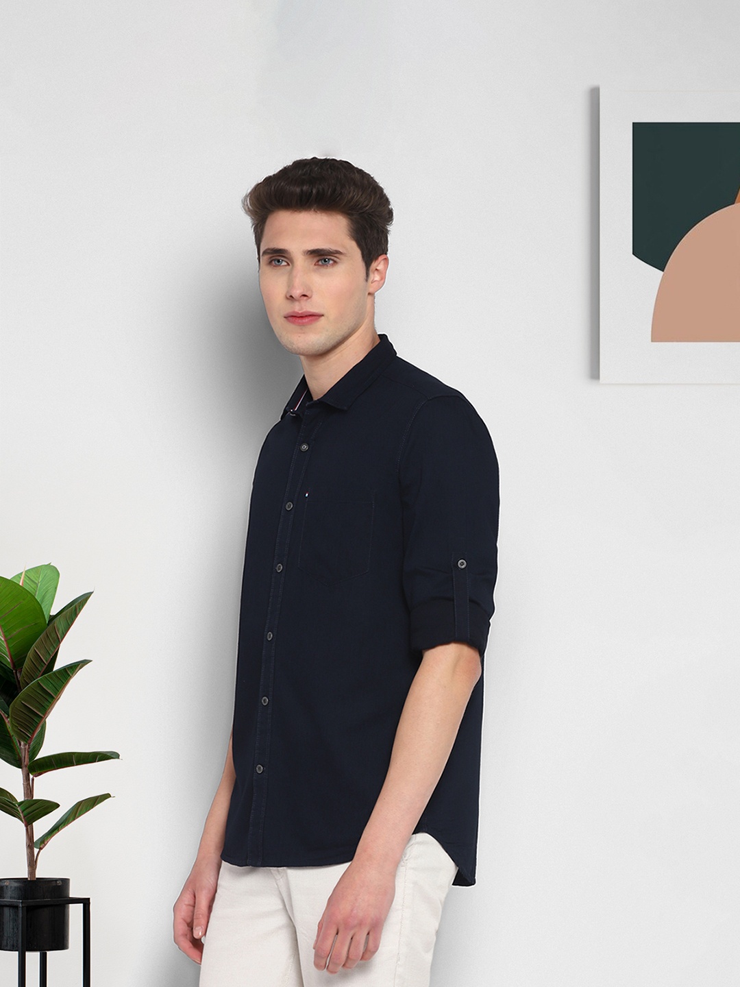 

Red Chief Spread Collar Slim Fit Cotton Casual Shirt, Navy blue