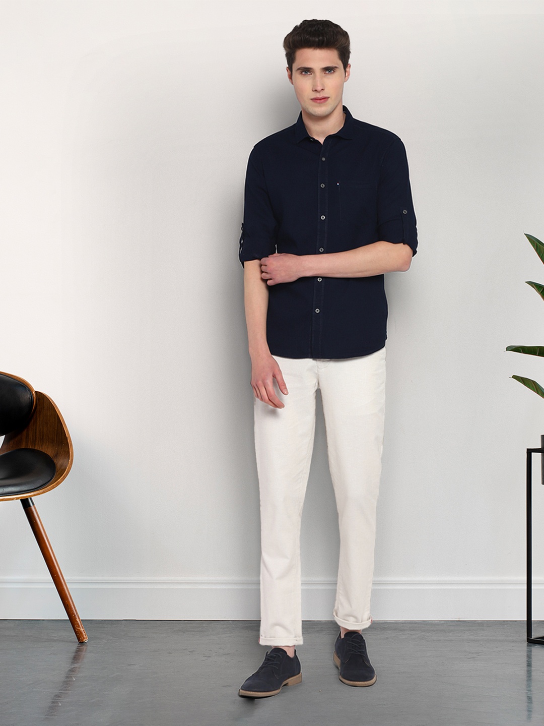 

Red Chief Spread Collar Slim Fit Cotton Casual Shirt, Blue