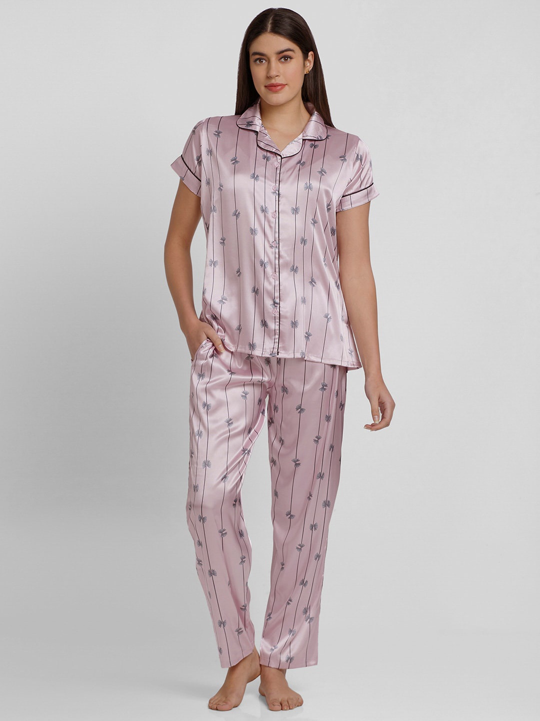 

FashionRack Women Conversational Printed Satin Night Suit, Pink