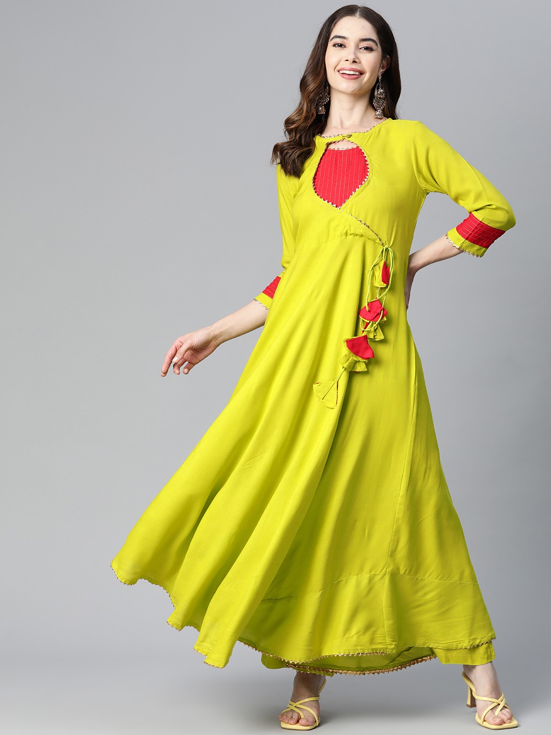 

JAIPUR PRIME Gotta Patti Detail Angrakha Style Anarkali Kurta with Trousers, Lime green