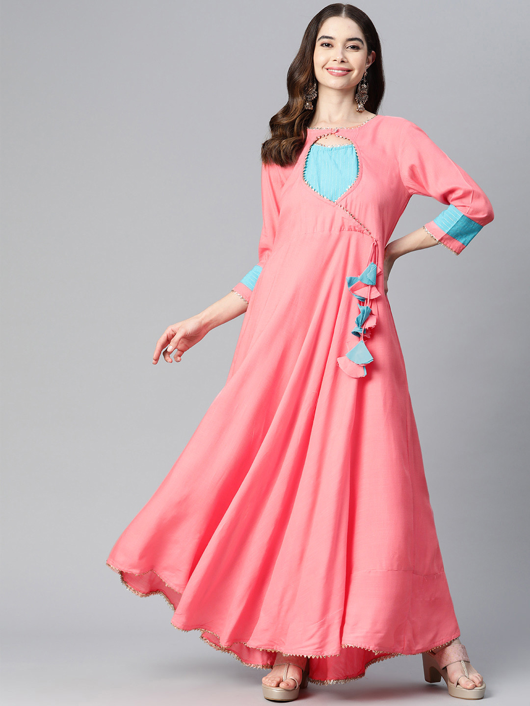 

JAIPUR PRIME Gotta Patti Detail Angrakha Style Anarkali Kurta with Trousers, Pink