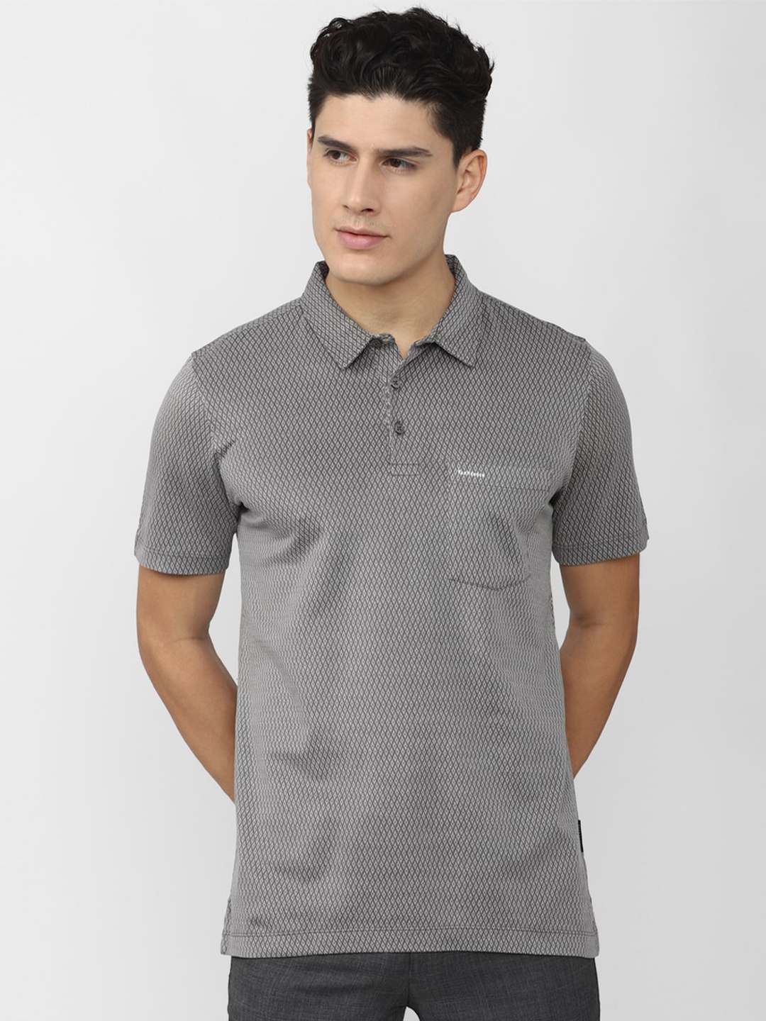 

Van Heusen Geometric Printed Polo Collar Pure Cotton T-shirt, Grey