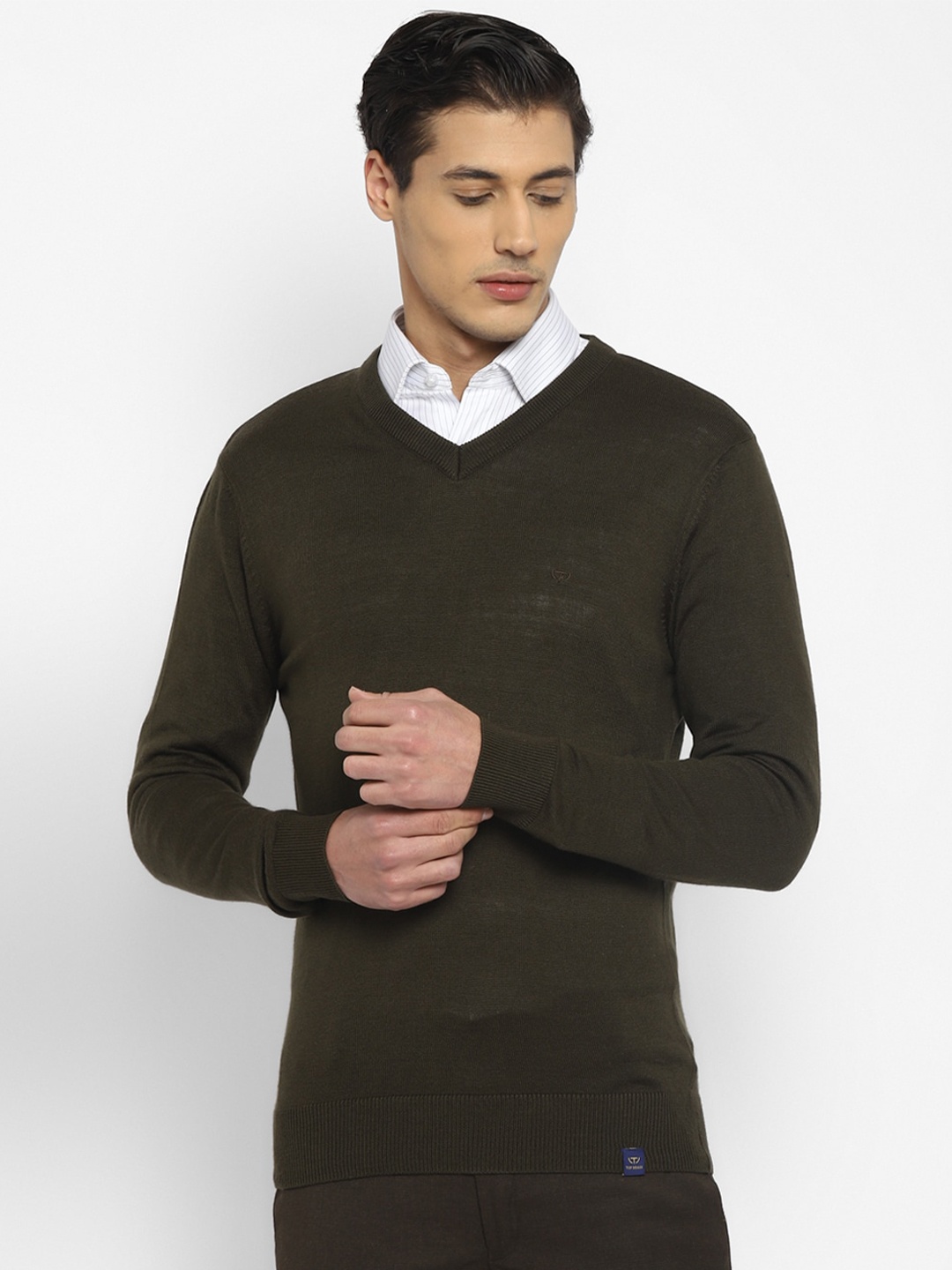 

TOP BRASS V-Neck Wool Pullover Sweater, Olive