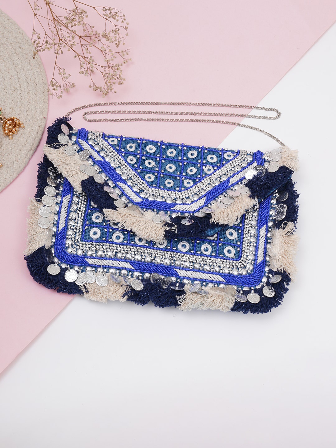 

FABBHUE Embroidered Foldover Clutch With Detachable Chain, Blue