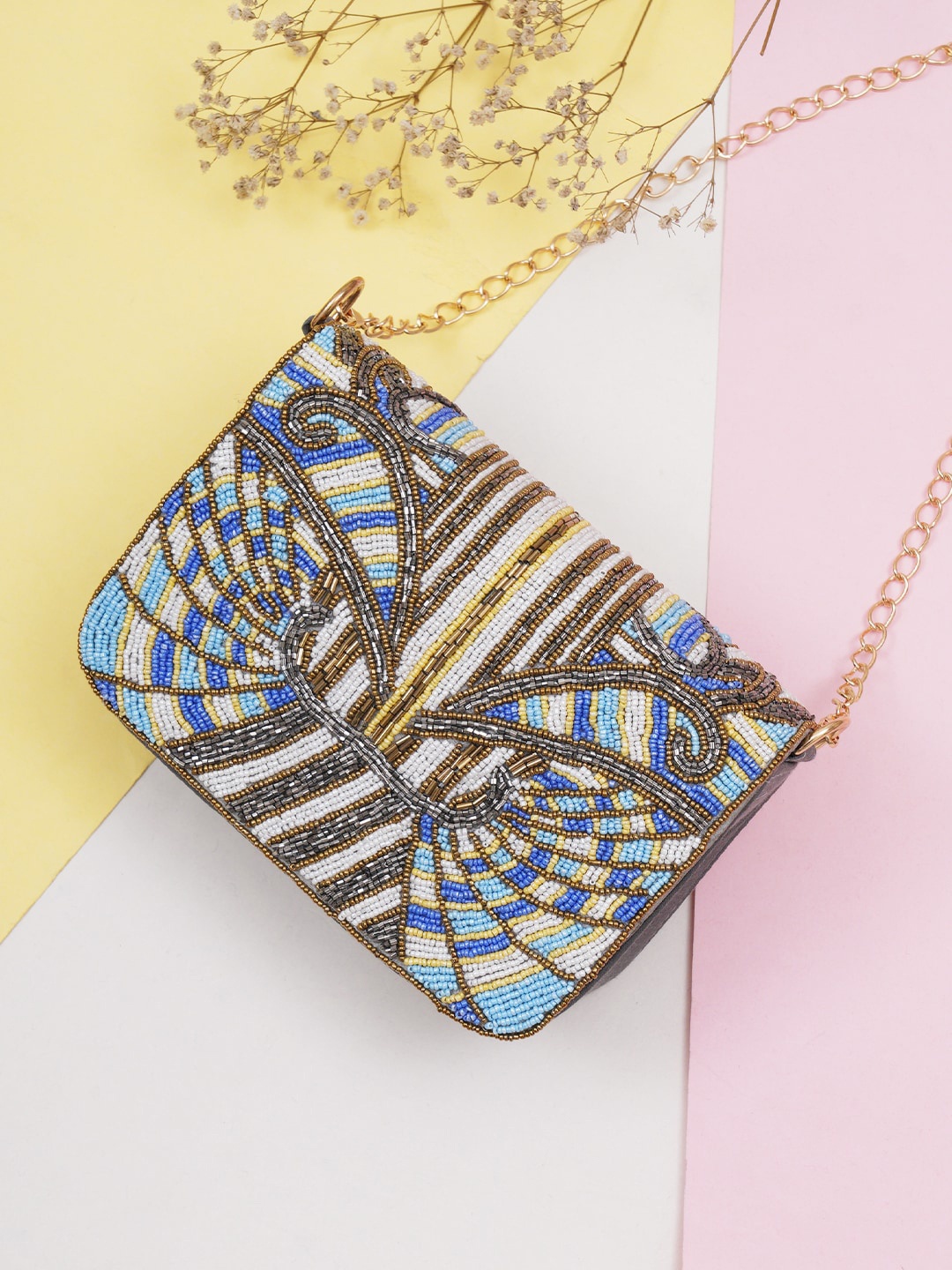 

FABBHUE Embellished Foldover Clutch With Detachable Chain, Gold