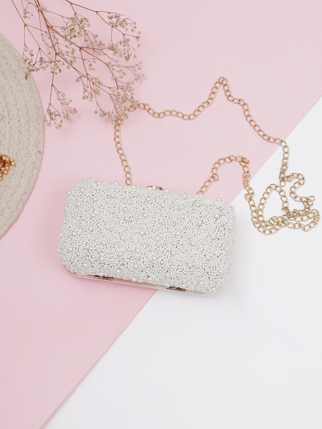 

FABBHUE Bead Embroidered Box Clutch, White