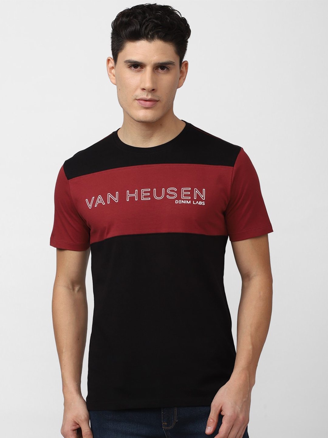 

VAN HEUSEN DENIM LABS Typography Printed Colourblocked T-shirt, Red