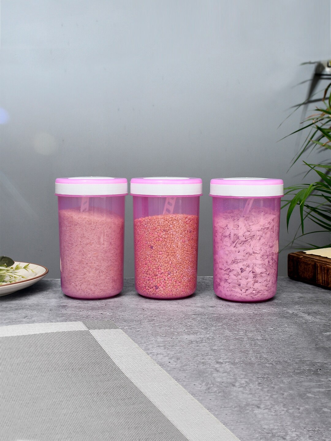 

Kuber Industries Pink 3 Pcs Containers With Spoons 500 ml Each
