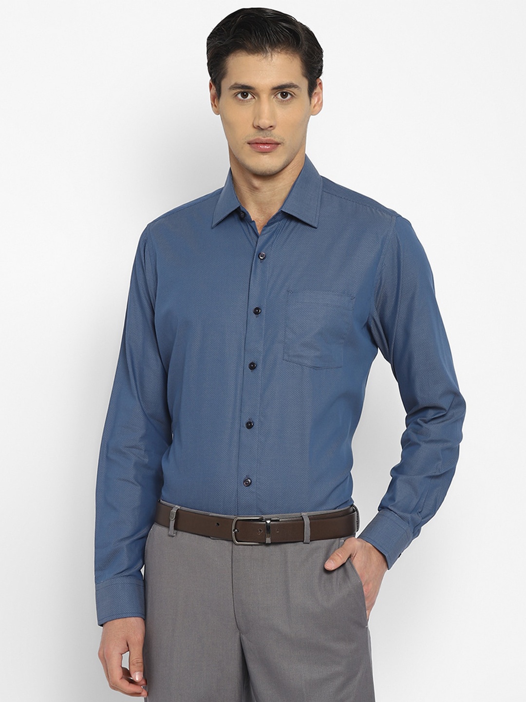 

TOP BRASS Self Design Textured Cotton Formal Shirt, Blue
