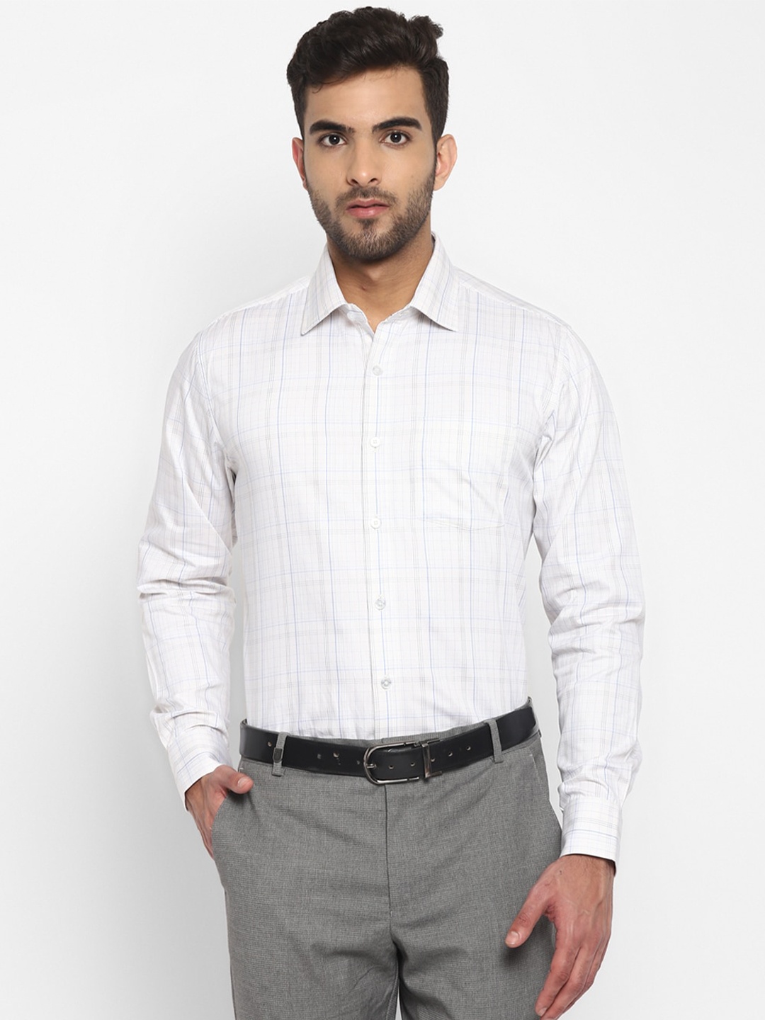 

TOP BRASS Windowpane Checks Cotton Formal Shirt, Off white