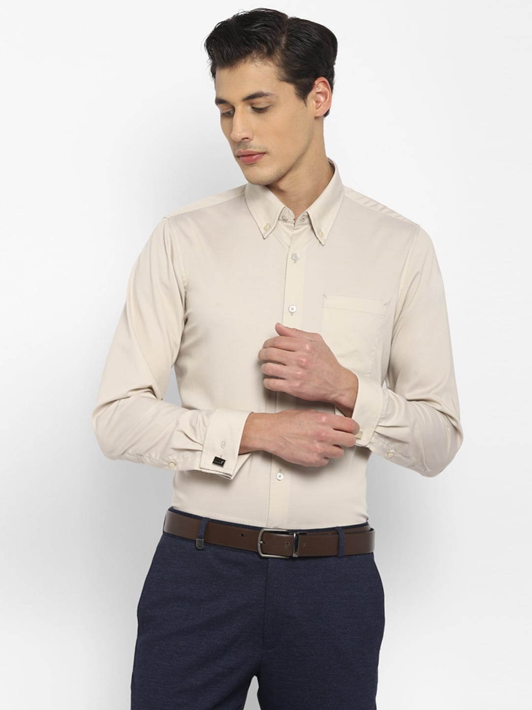 

TOP BRASS Button-Down Collar Formal Cotton Shirt, Cream