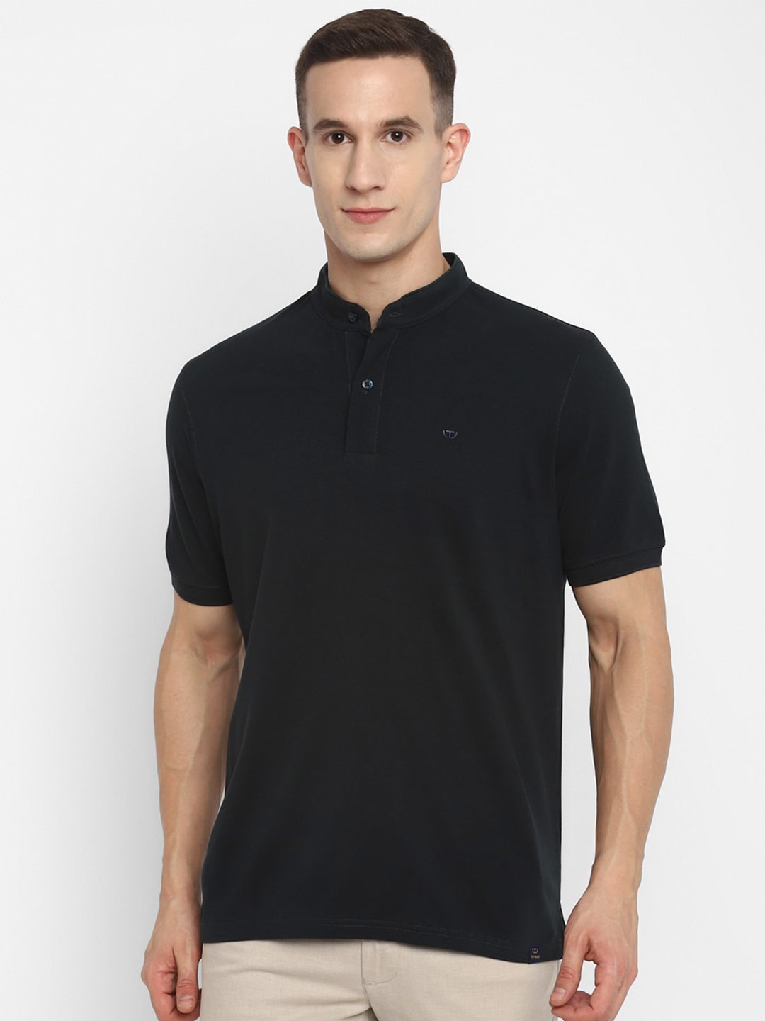 

TOP BRASS Mandarin Collar Short Sleeves cotton T-shirt, Black