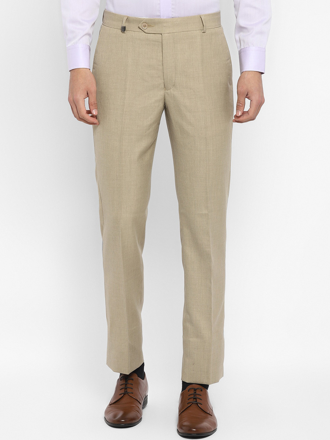 

TOP BRASS Men Mid-Rise Textured Cotton Formal Trousers, Beige