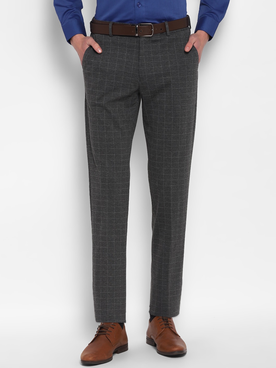 

TOP BRASS Men Checked Slim Fit Formal Trousers, Grey
