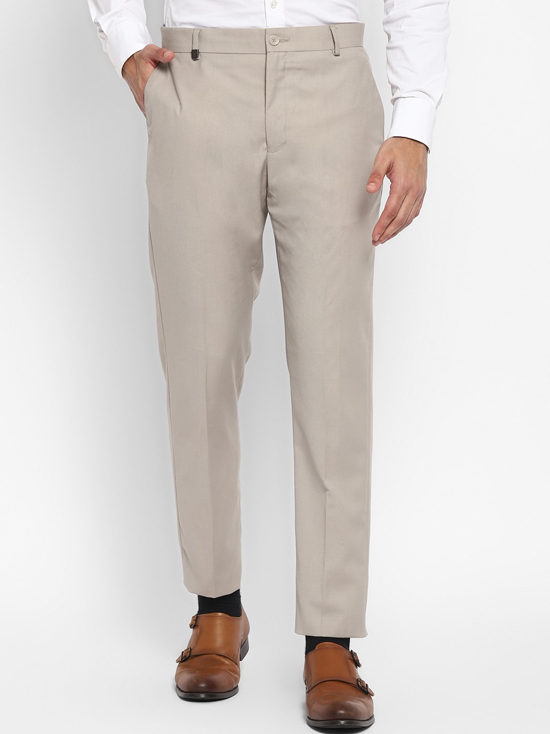 

TOP BRASS Men Slim Fit Mid-Rise Formal Trousers, Cream