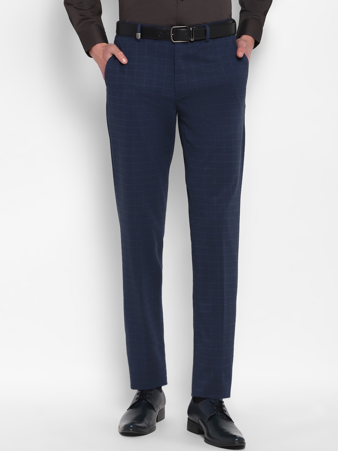 

TOP BRASS Men Blue Checked Mid Rise Slim Fit Formal Trousers