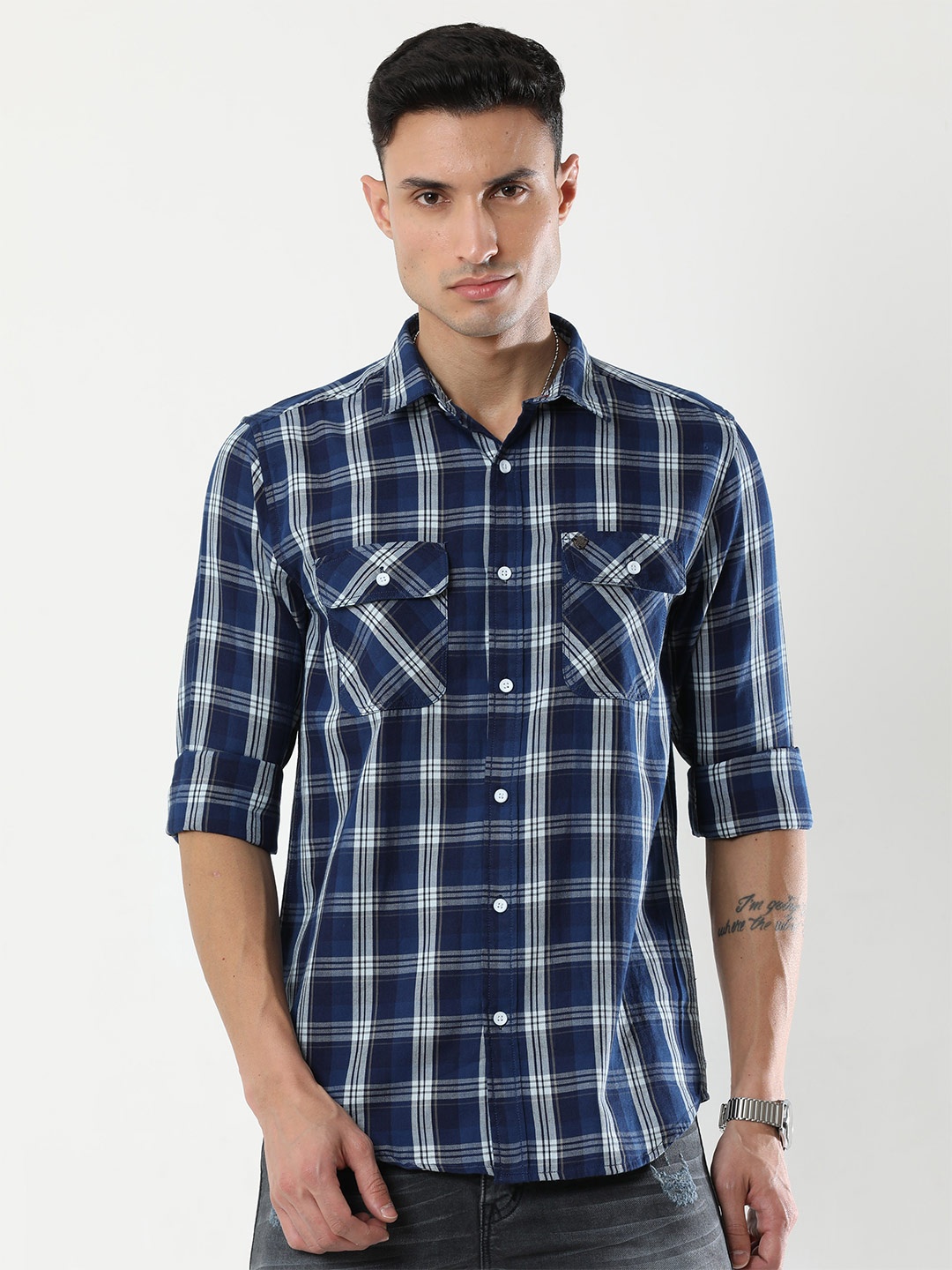 

VUDU Tartan Checks Cotton Casual Shirt, Navy blue