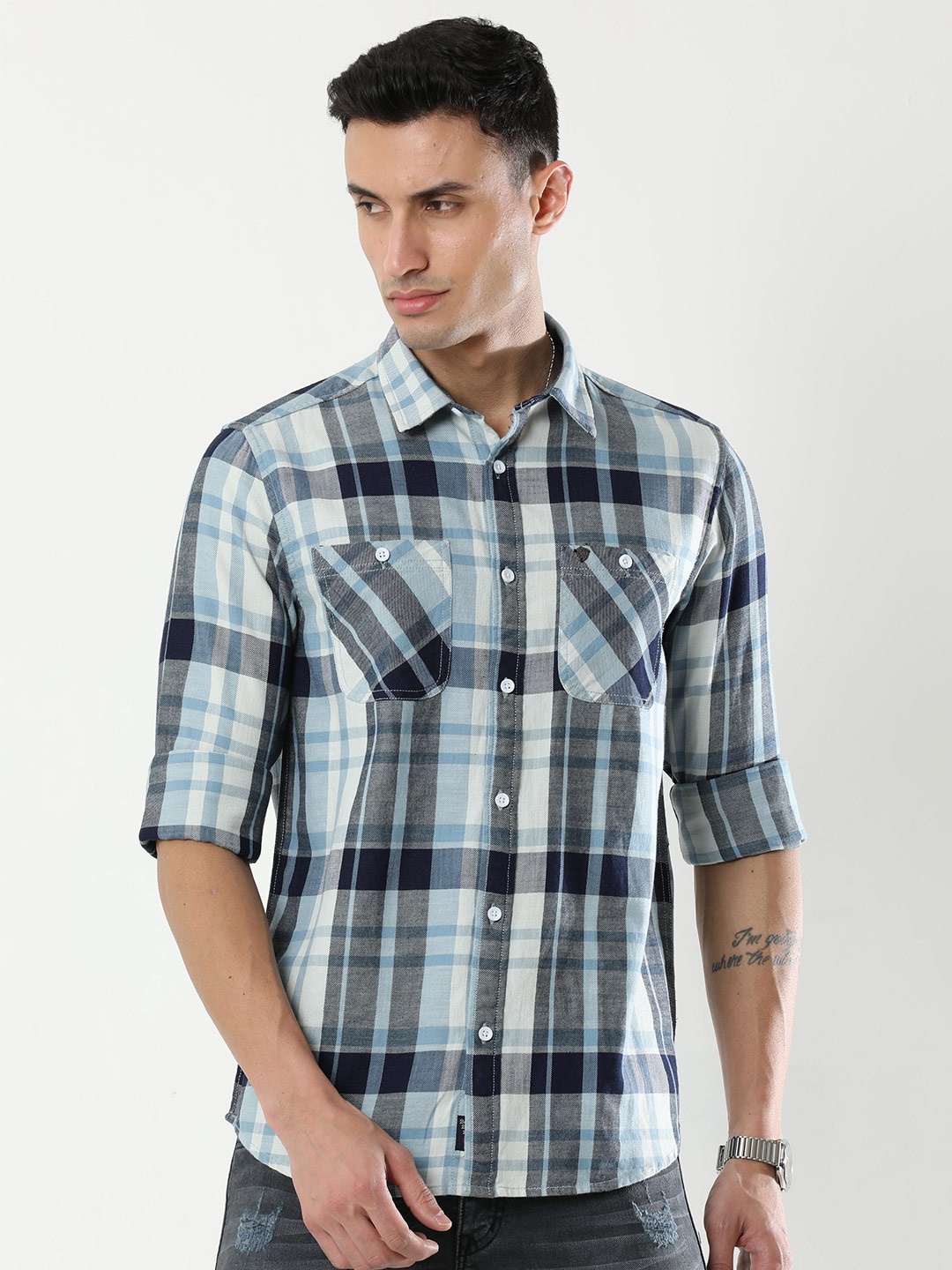 

VUDU Comfort Tartan Checked Casual Cotton Shirt, Blue