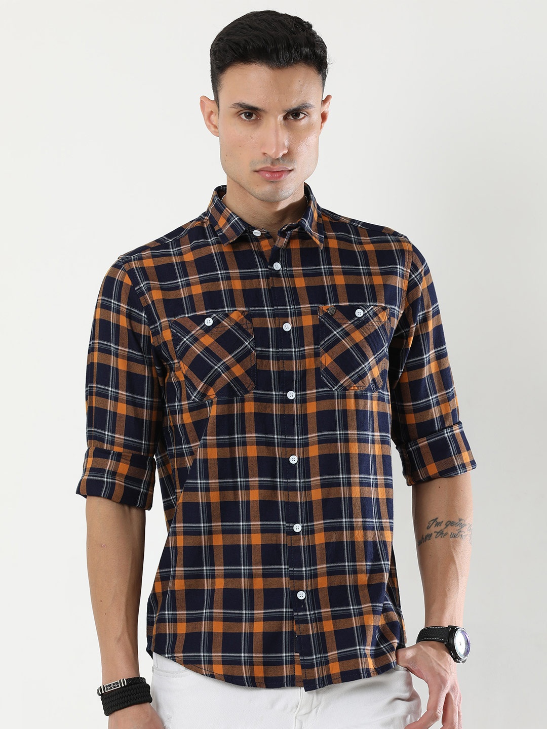 

VUDU Comfort Tartan Checked Cotton Casual Shirt, Yellow