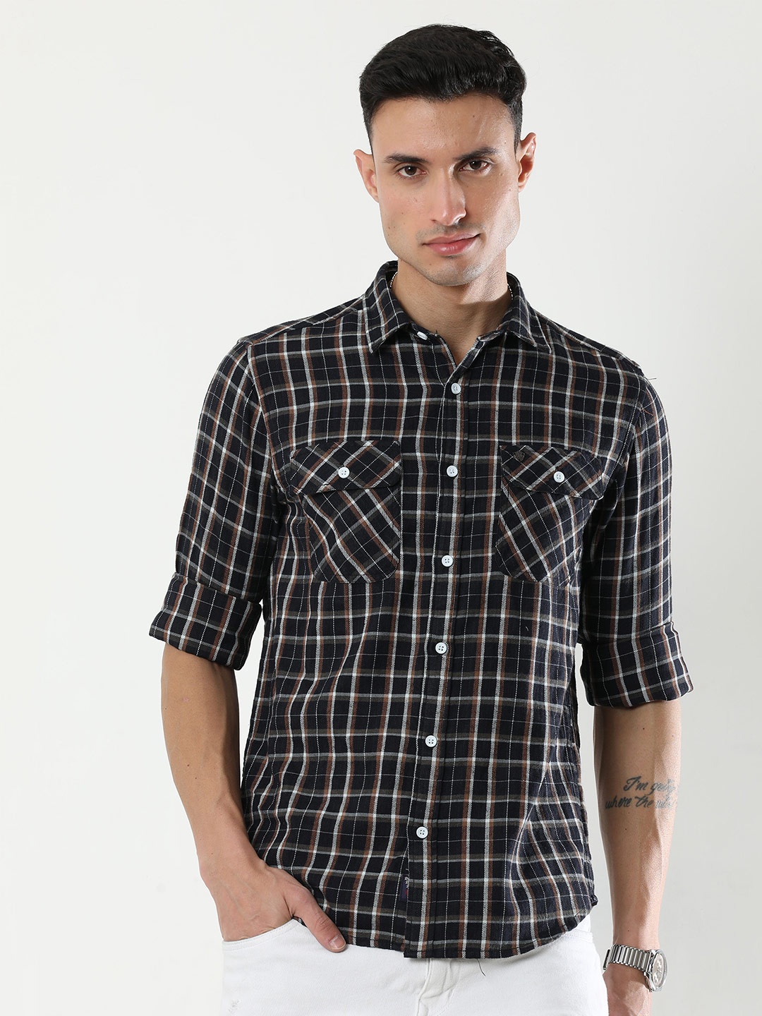 

VUDU Comfort Tartan Checked Casual Cotton Shirt, Black