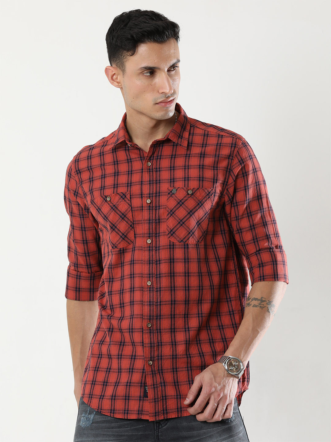 

VUDU Comfort Tartan Checks Checked Cotton Casual Shirt, Red