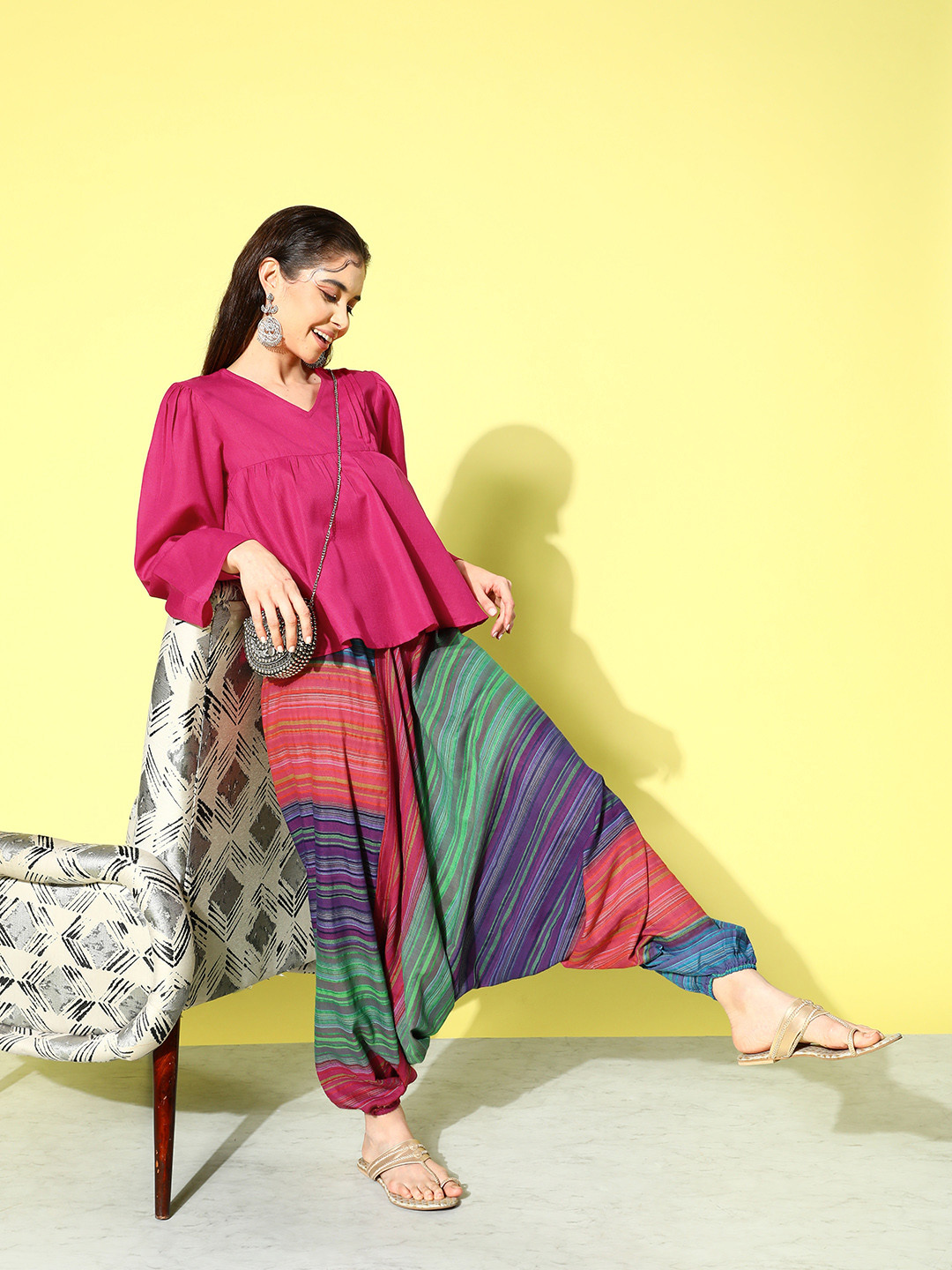 

InWeave Magenta & Multicoloured Empire Pure Cotton Top With Harem Pants