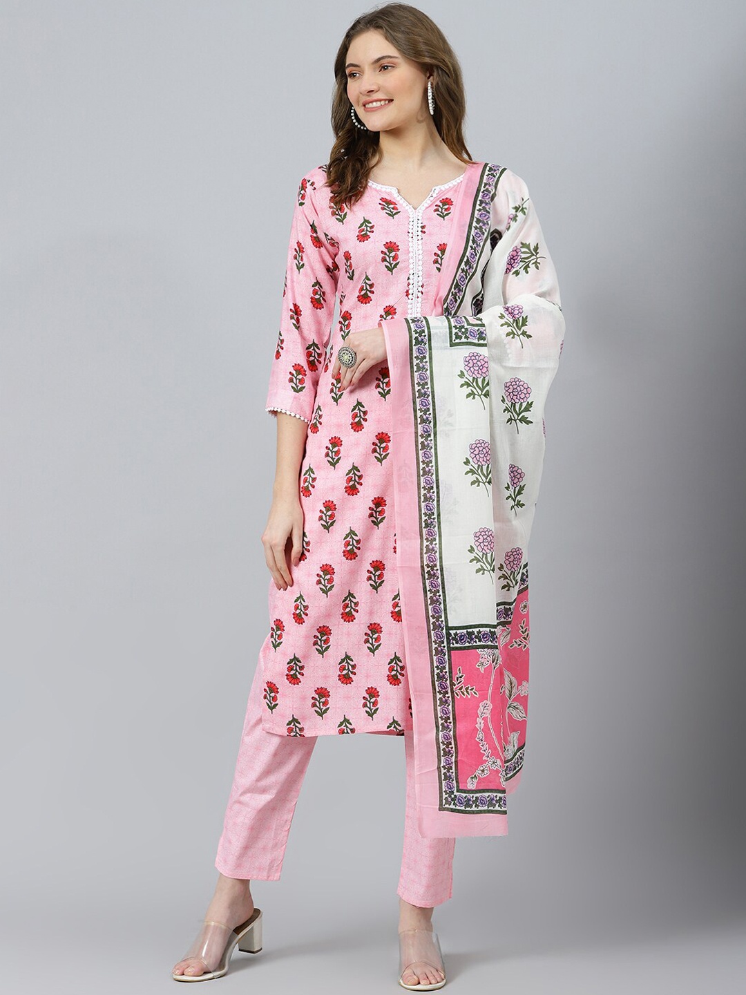 

RATAN Floral Printed Pure Cotton Kurta With Trousers & Dupatta, Pink