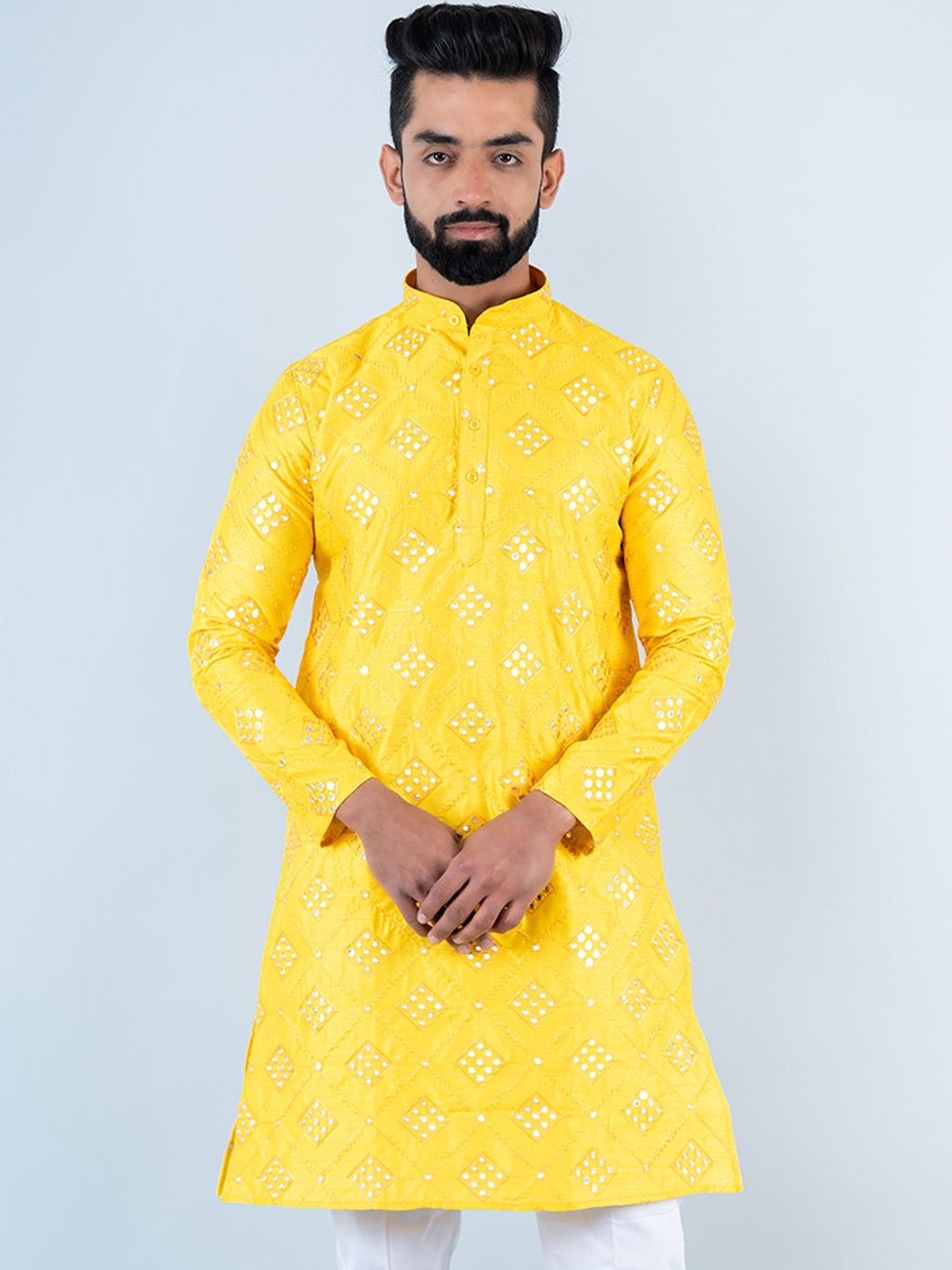 Tistabene Ethnic Motifs Embroidered Mirror Work Jacquard Kurta, Yellow