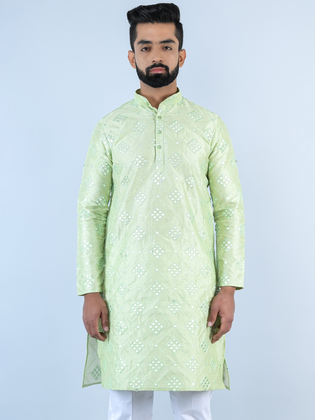 

Tistabene Ethnic Motifs Embroidered Mirror Work Jacquard Kurta, Sea green