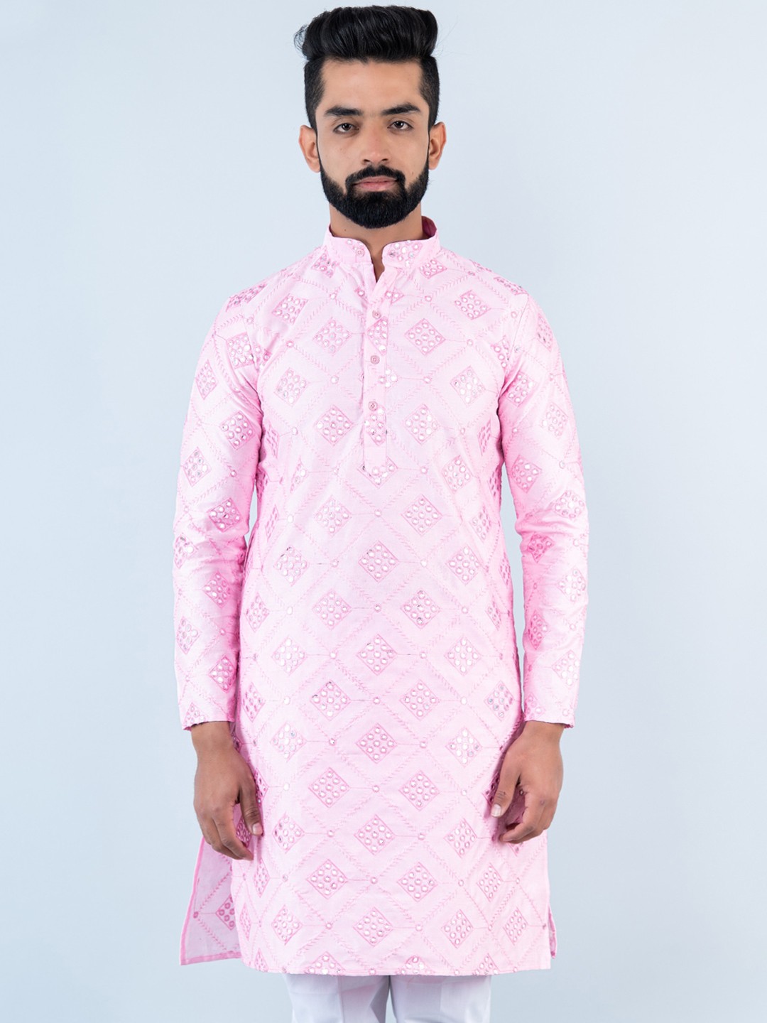 Tistabene Geometric Embroidered Mirror Work Jacquard Dupion Silk Kurta, Pink