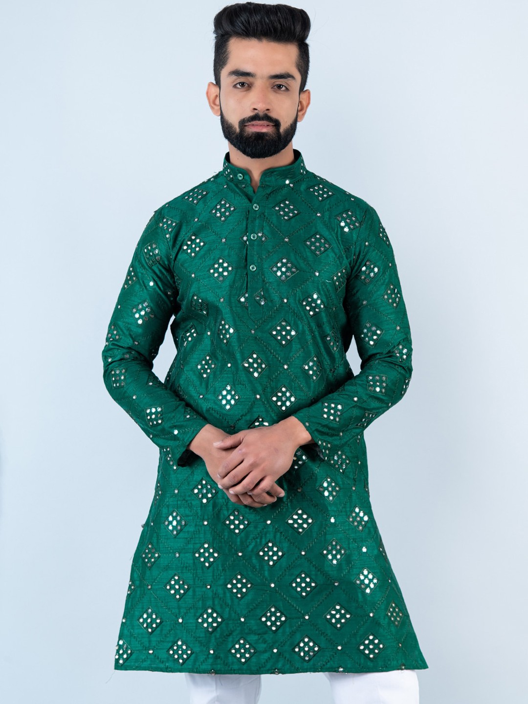 

Tistabene Embellished Mirror Work Dupion Silk Kurta, Green