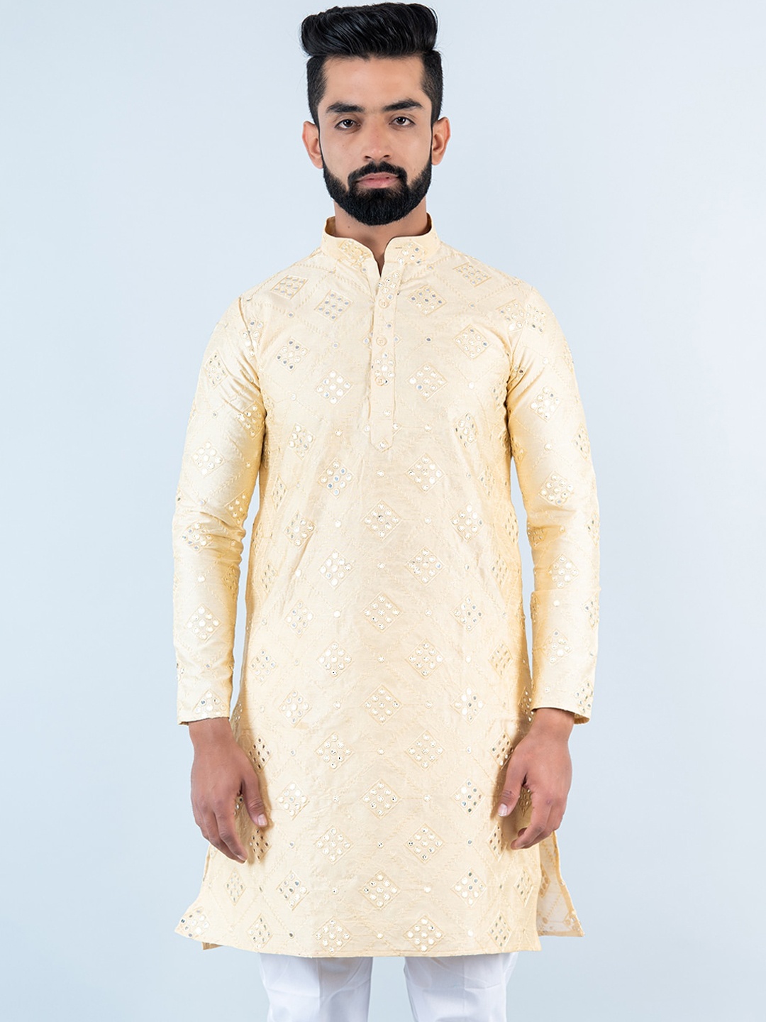 Tistabene Mandarin Collar Emboridered Mirror Work Straight Kurta, Beige