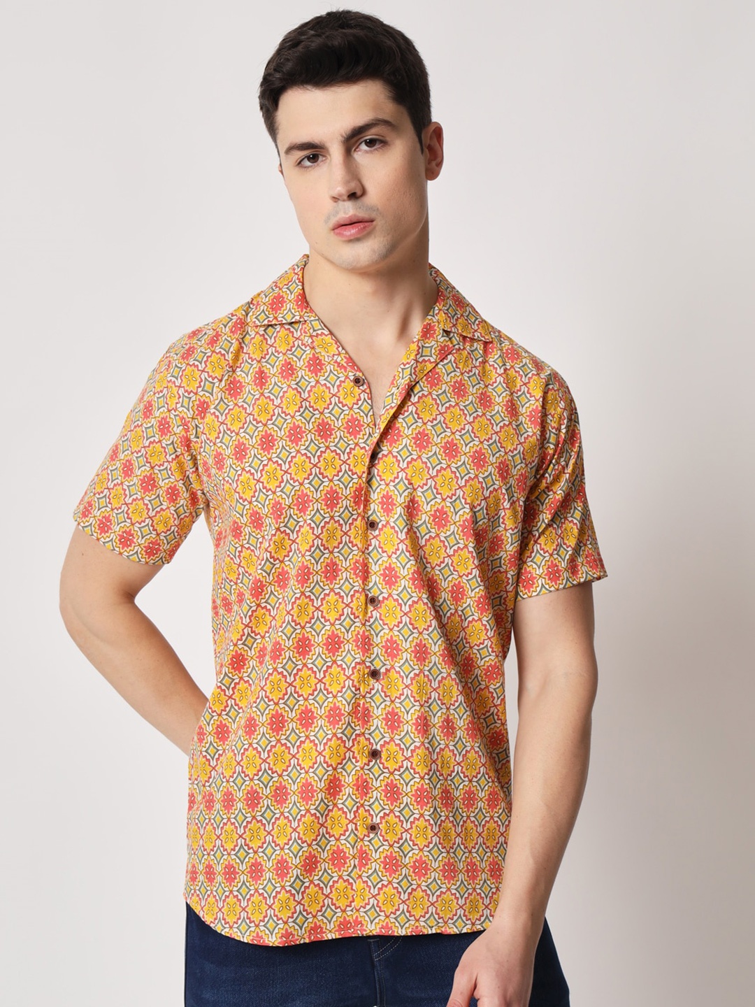 

Firangi Yarn Ethnic Motif Printed Classic Casual Cotton Shirt, Mustard