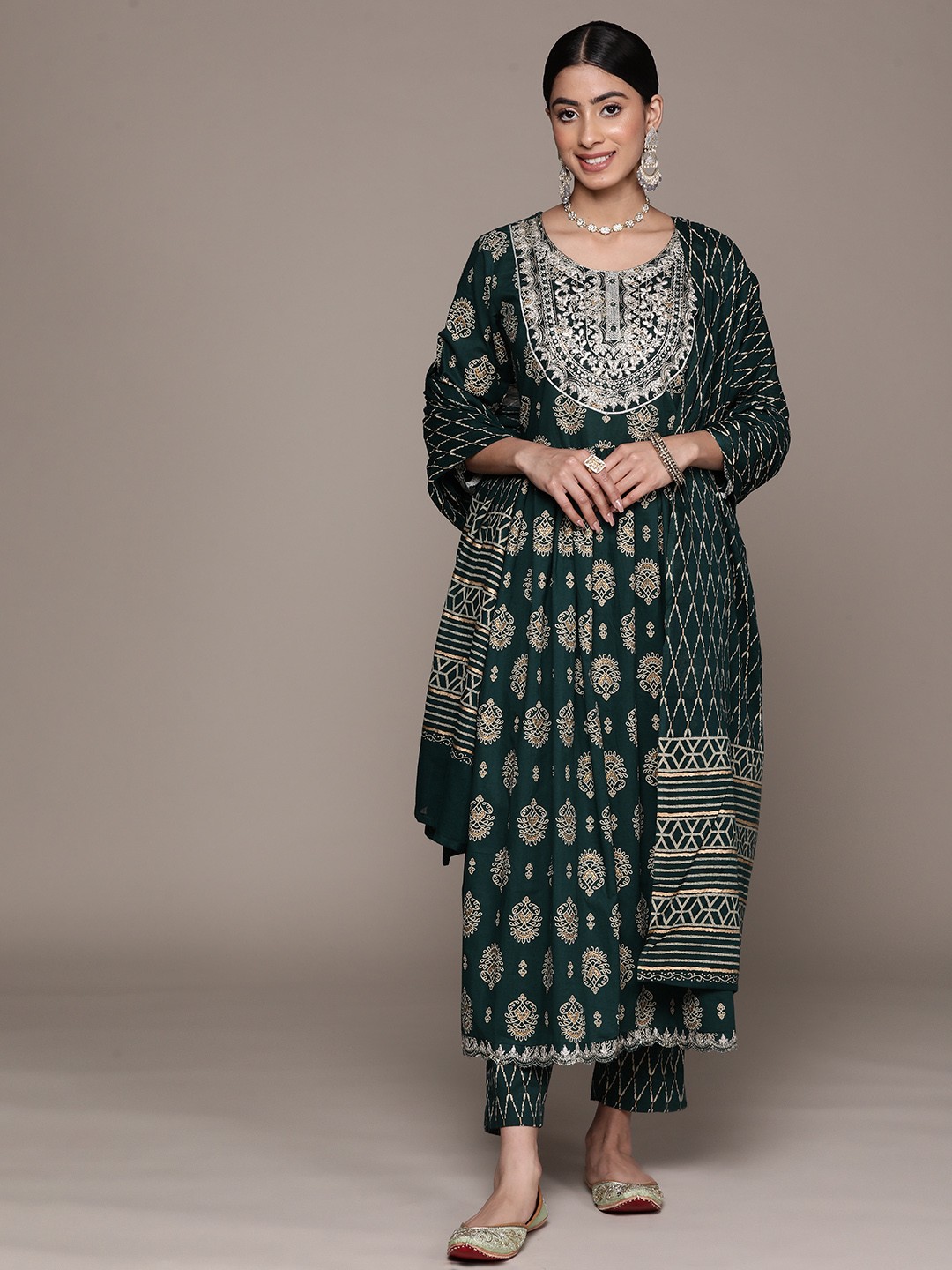 

Ishin Embroidered Pure Cotton Kurta with Trousers & With Dupatta, Teal