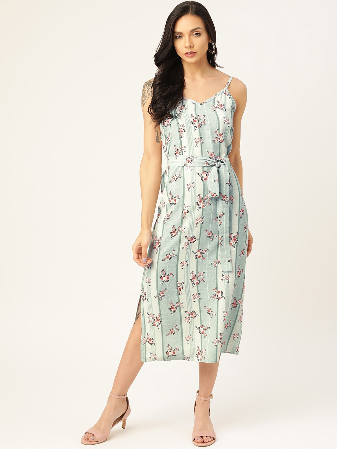 

Sangria Shoulder Straps Floral Printed A-Line Dress With Belt, Grey