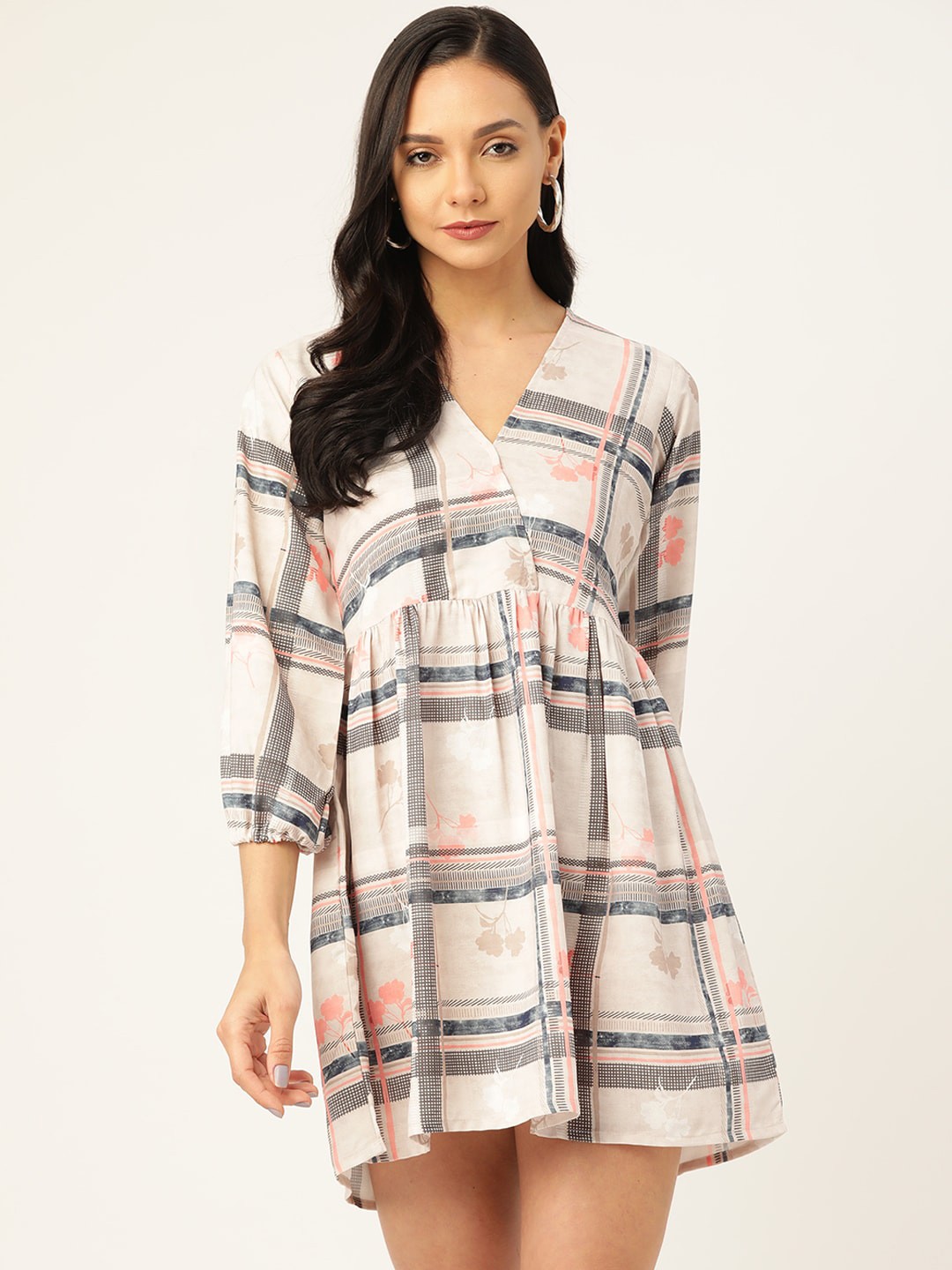 

Sangria Checked Puff Sleeves Mini Wrap Dress, Grey