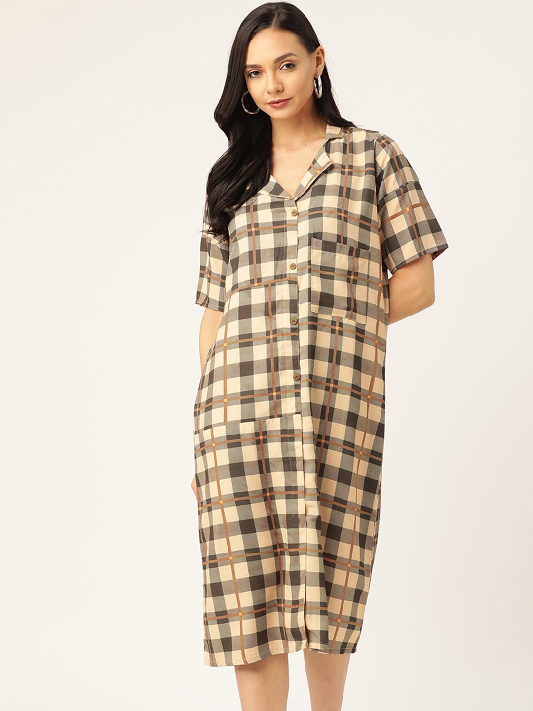 

Sangria Checked Shirt Midi Dress, Beige