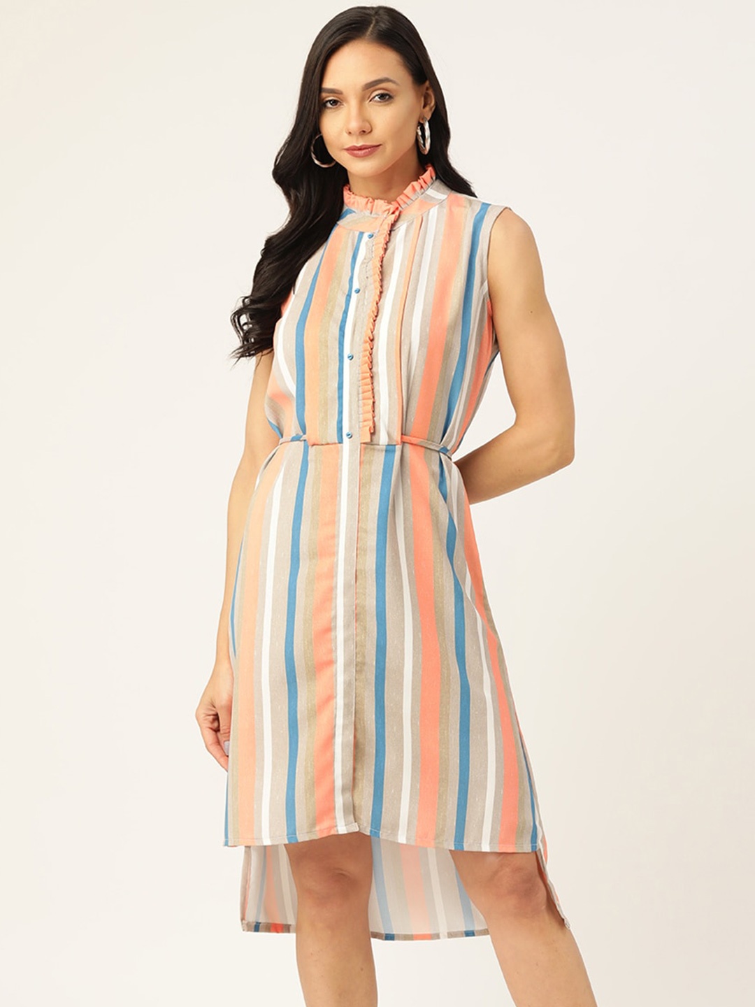 

Sangria Striped High-Low Hem Shirt Dress, White