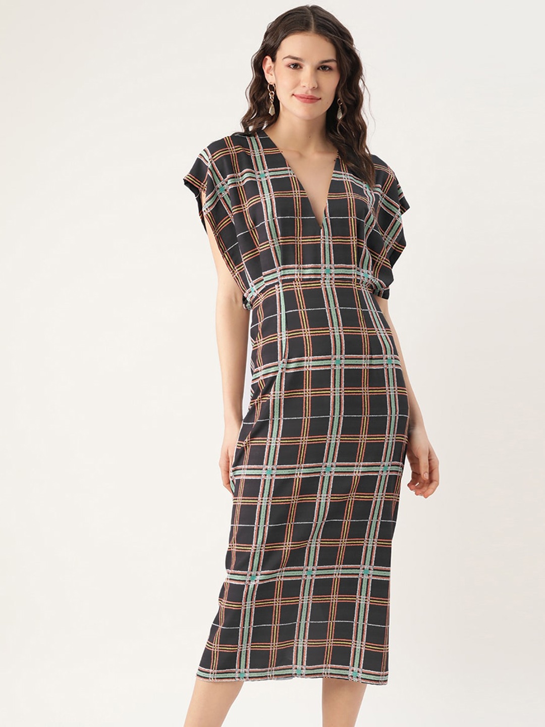 

Sangria Checked Kimono Sleeves Midi Sheath Dress, Black