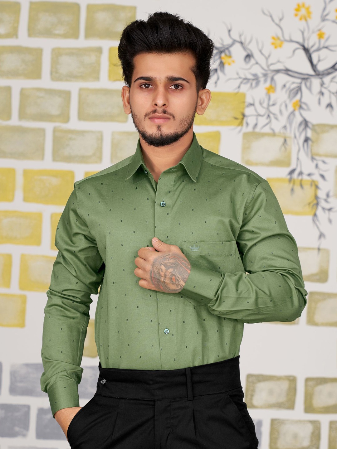 

FRENCH CROWN Cotton Standard Micro Ditsy Printed Formal Shirt, Green