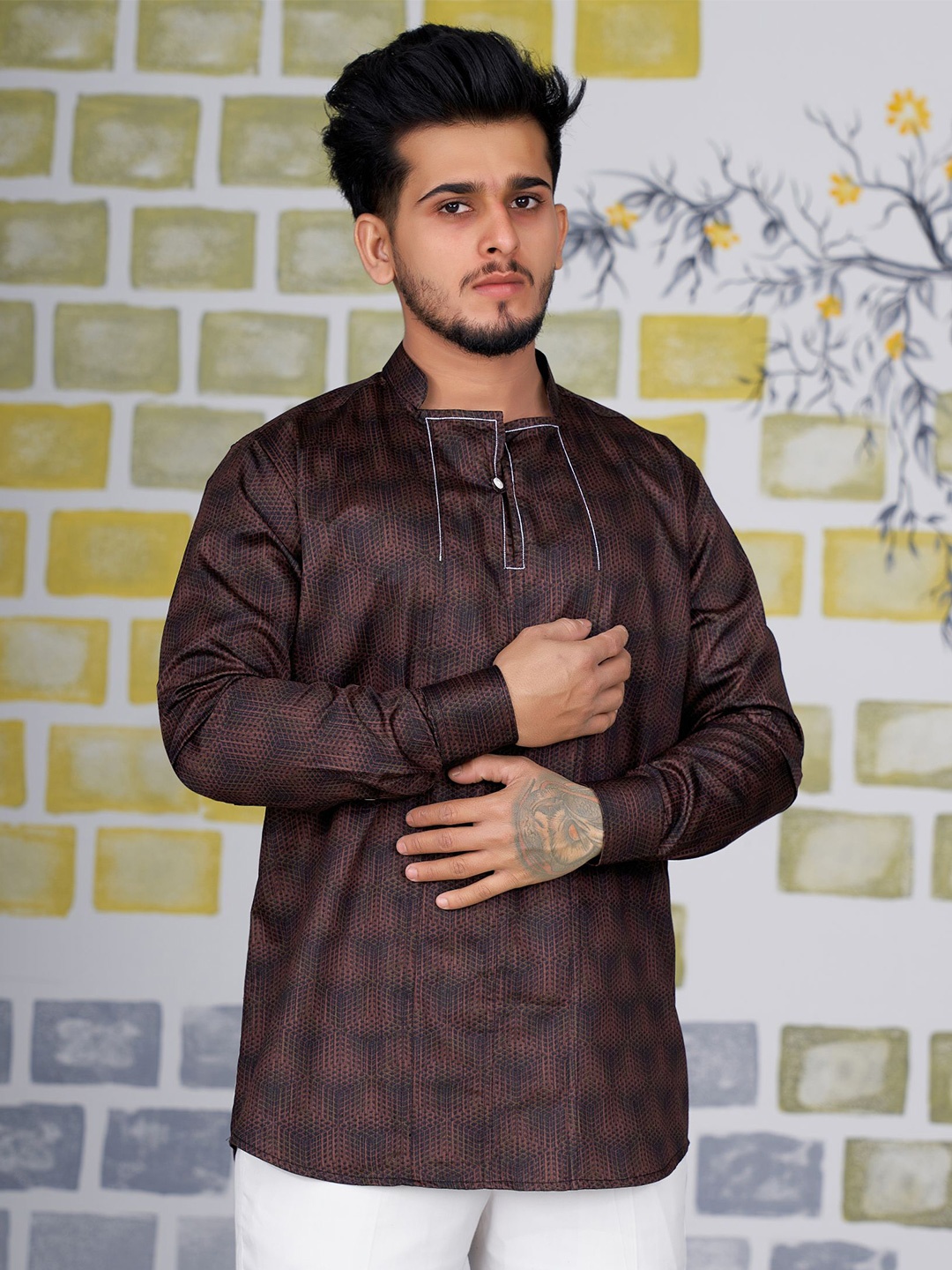 

FRENCH CROWN Cotton Geometric Printed Casual Shirt, Brown