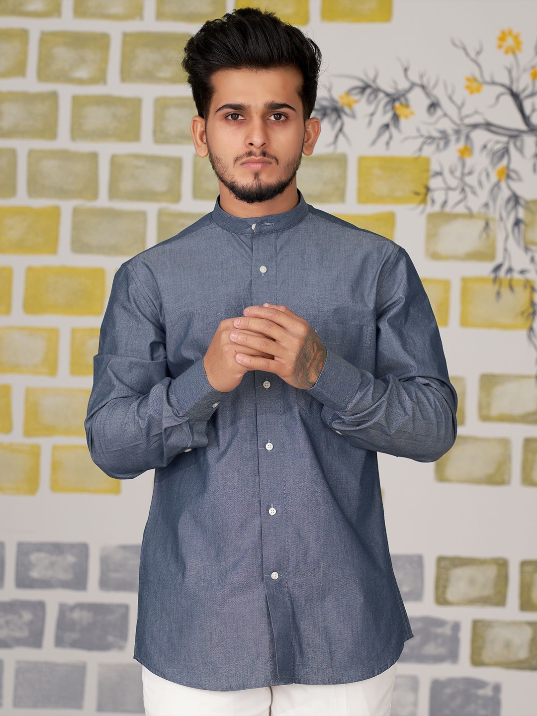 

FRENCH CROWN Standard Band Collar Cotton Casual Shirt, Grey