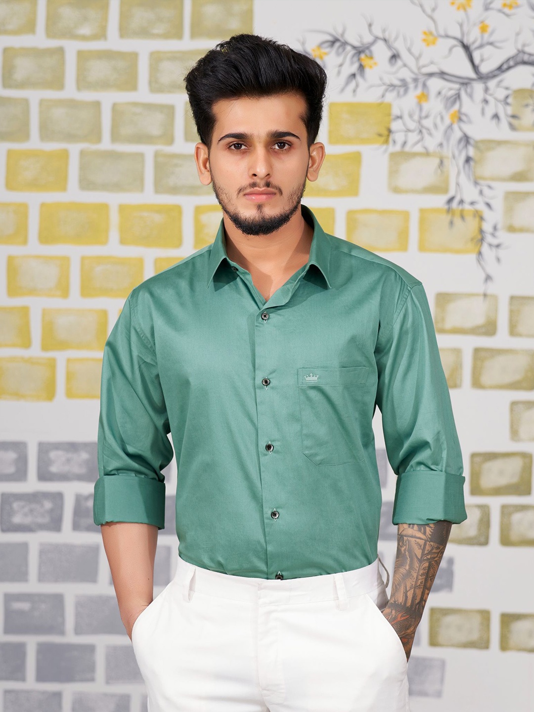 

FRENCH CROWN Standard Cutaway Collar Cotton Formal Shirt, Green