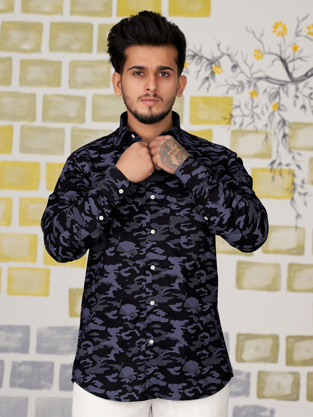 

FRENCH CROWN Abstract Printed Cotton Standard Casual Shirt, Blue