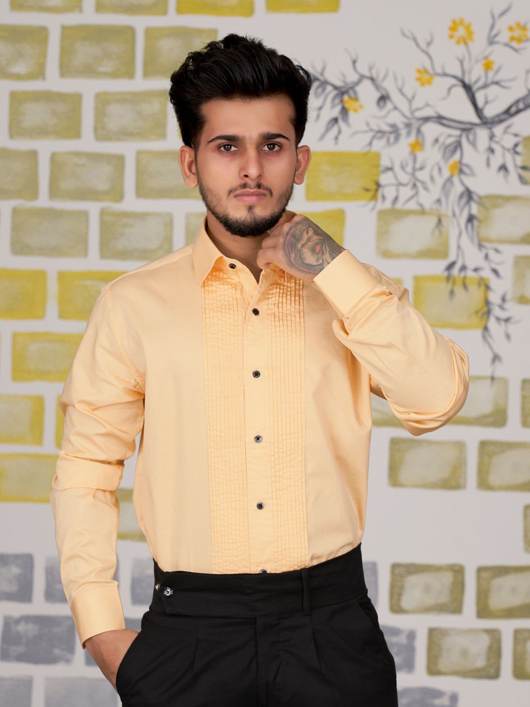 

FRENCH CROWN Standard Twill Pleated Casual Cotton Shirt, Cream
