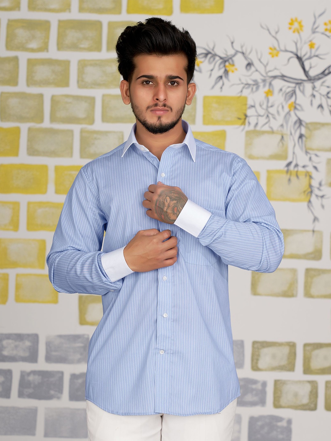 

FRENCH CROWN Men Standard Striped Casual Cotton Shirt, Blue