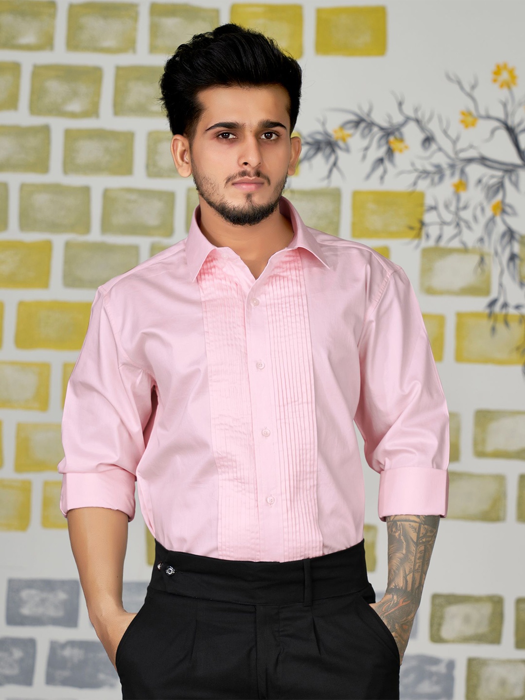 

FRENCH CROWN Standard Twill Weave Pleated Detail Party Cotton Shirt, Pink