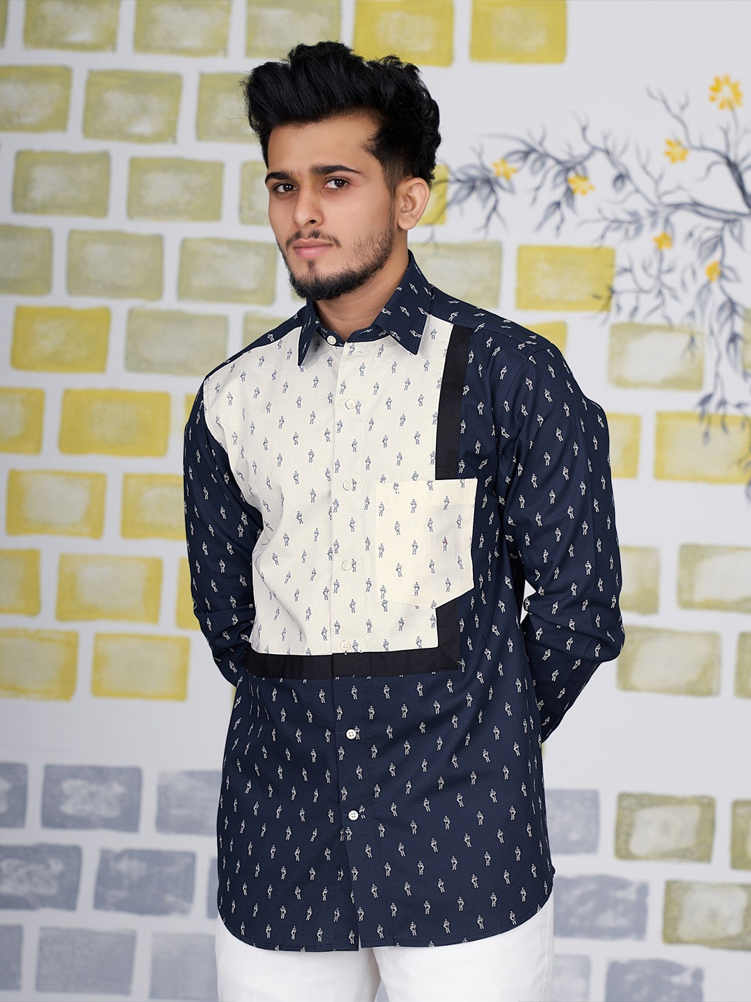 

FRENCH CROWN Cotton Standard Printed Casual Shirt, Blue